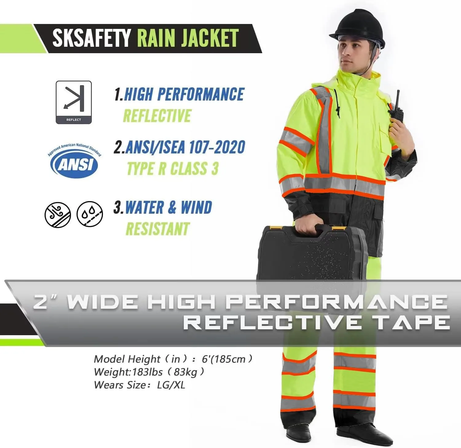 SKSAFETY Safety Softshell Jacket for men, High Visibility Rain coat, Waterproof Hi Vis Rain jacket, ANSI/ISEA Class 3