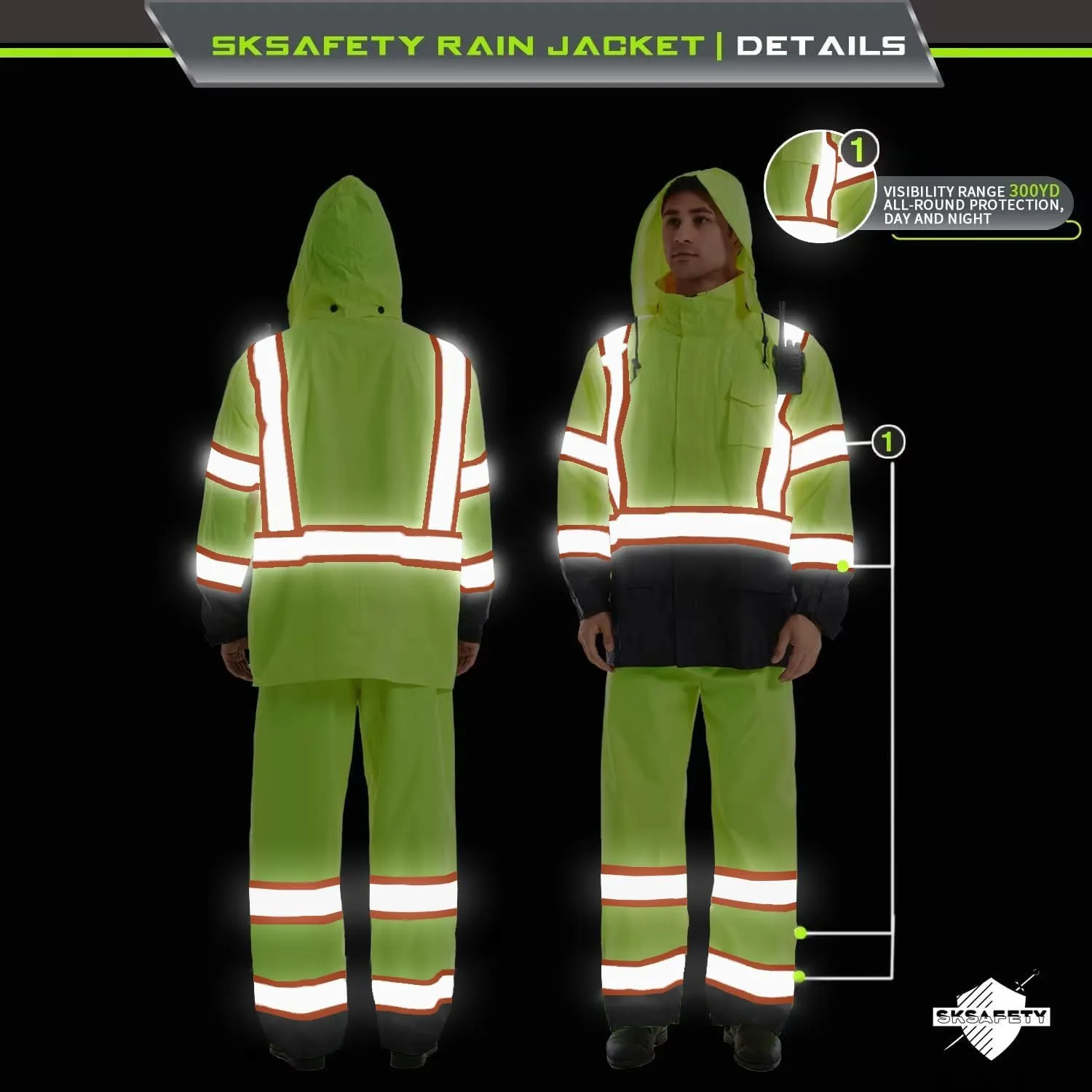 SKSAFETY Safety Softshell Jacket for men, High Visibility Rain coat, Waterproof Hi Vis Rain jacket, ANSI/ISEA Class 3