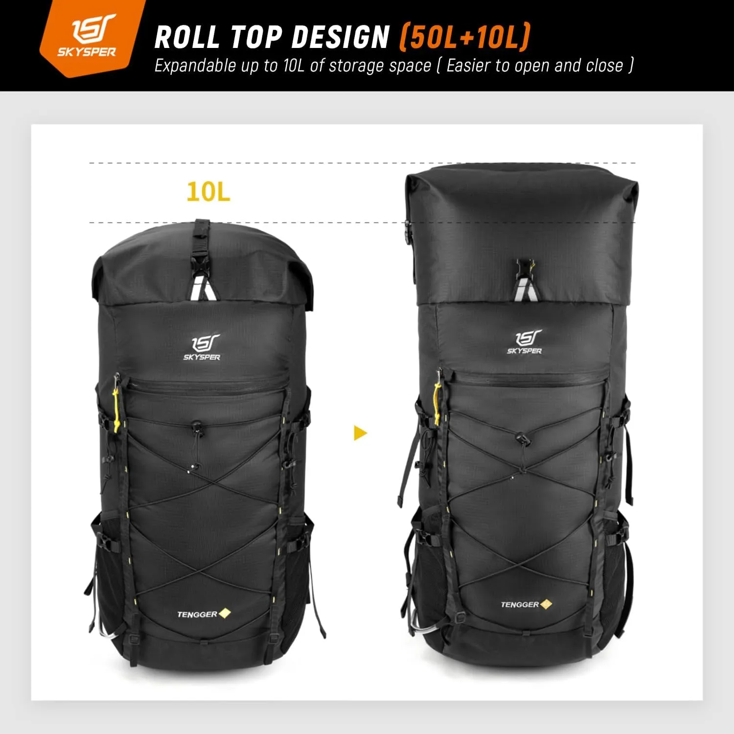 SKYSPER Hiking Backpack - 50L Roll Top Backpacking Backpack Lightweight Comfortable Breathable Camping Travel Pack for Men Women(Black)