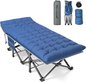 Slendor Ovsesized Camping Cot, XXL Folding Bed for Adults, 79" L x 32" W x 19" H Sleeping Cot with Mattress, Carry Bag for Tent, Office, Napping, Support 500lbs, Blue Cot Blue Pad