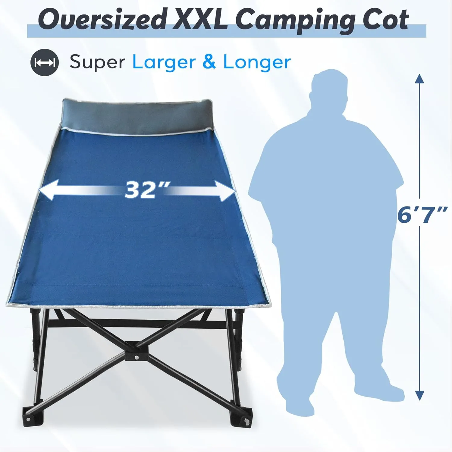 Slendor Ovsesized Camping Cot, XXL Folding Bed for Adults, 79" L x 32" W x 19" H Sleeping Cot with Mattress, Carry Bag for Tent, Office, Napping, Support 500lbs, Blue Cot Blue Pad