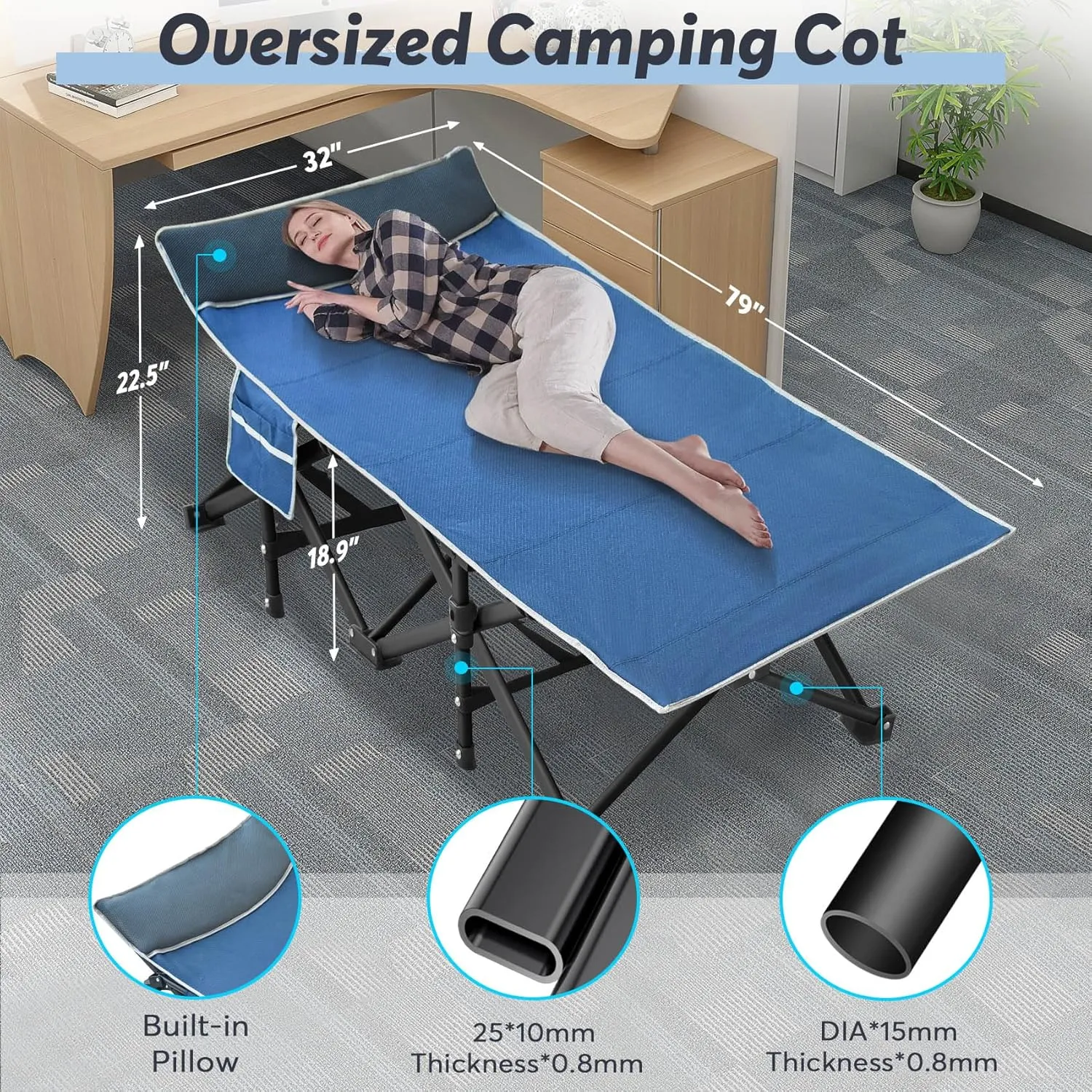 Slendor Ovsesized Camping Cot, XXL Folding Bed for Adults, 79" L x 32" W x 19" H Sleeping Cot with Mattress, Carry Bag for Tent, Office, Napping, Support 500lbs, Blue Cot Blue Pad