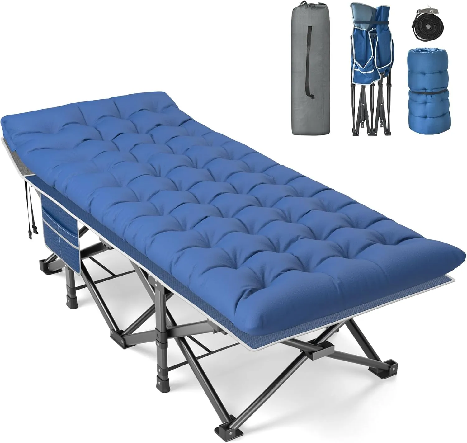 Slendor Ovsesized Camping Cot, XXL Folding Bed for Adults, 79" L x 32" W x 19" H Sleeping Cot with Mattress, Carry Bag for Tent, Office, Napping, Support 500lbs, Blue Cot Blue Pad