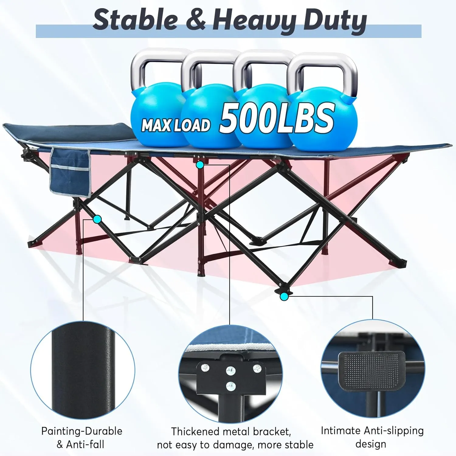 Slendor Ovsesized Camping Cot, XXL Folding Bed for Adults, 79" L x 32" W x 19" H Sleeping Cot with Mattress, Carry Bag for Tent, Office, Napping, Support 500lbs, Blue Cot Blue Pad