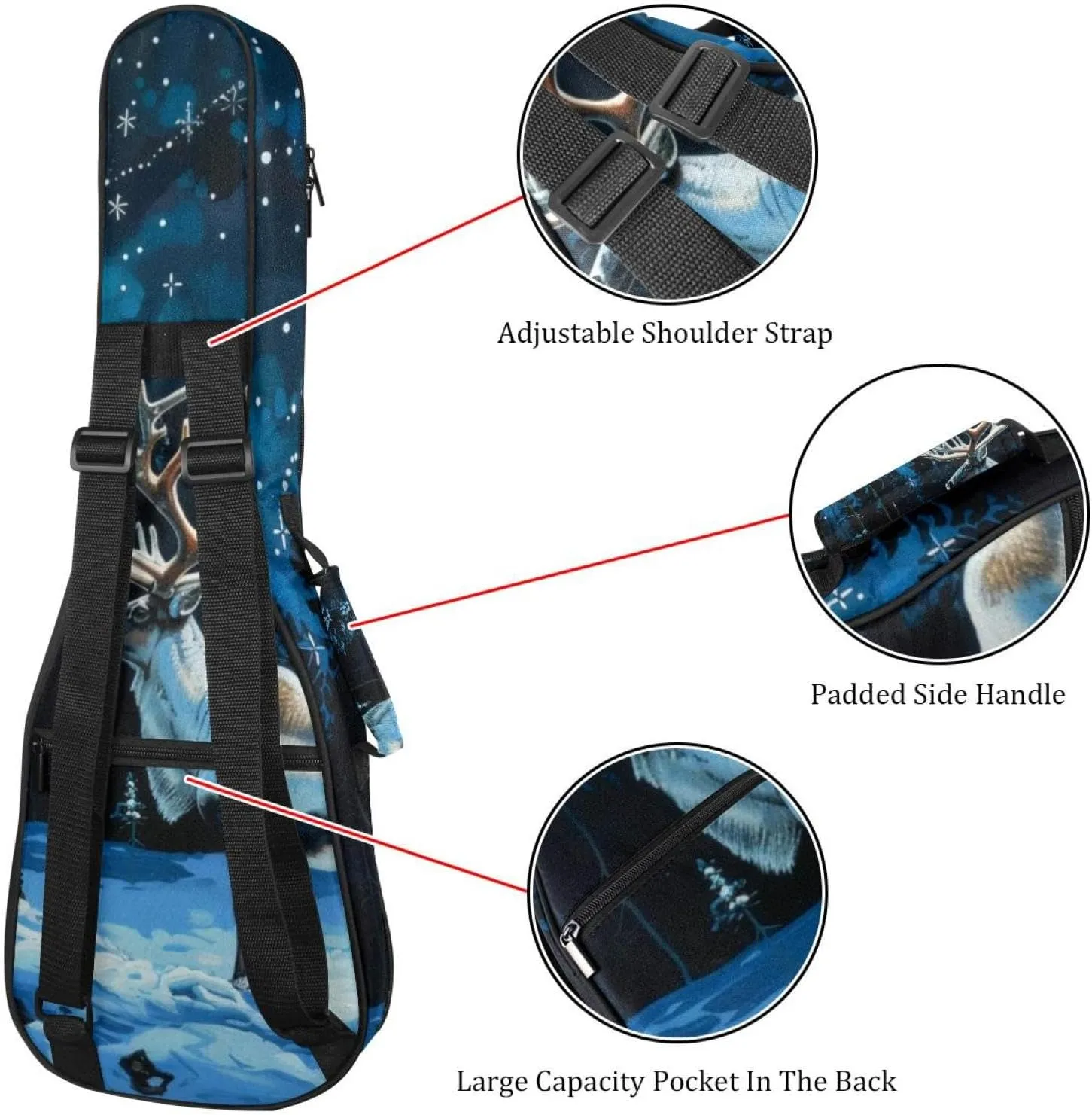 Snow Caribou Tree Night Forest Ukulele Case, Padded Bag for 23 Inch Concert Ukulele, Waterproof & Durable