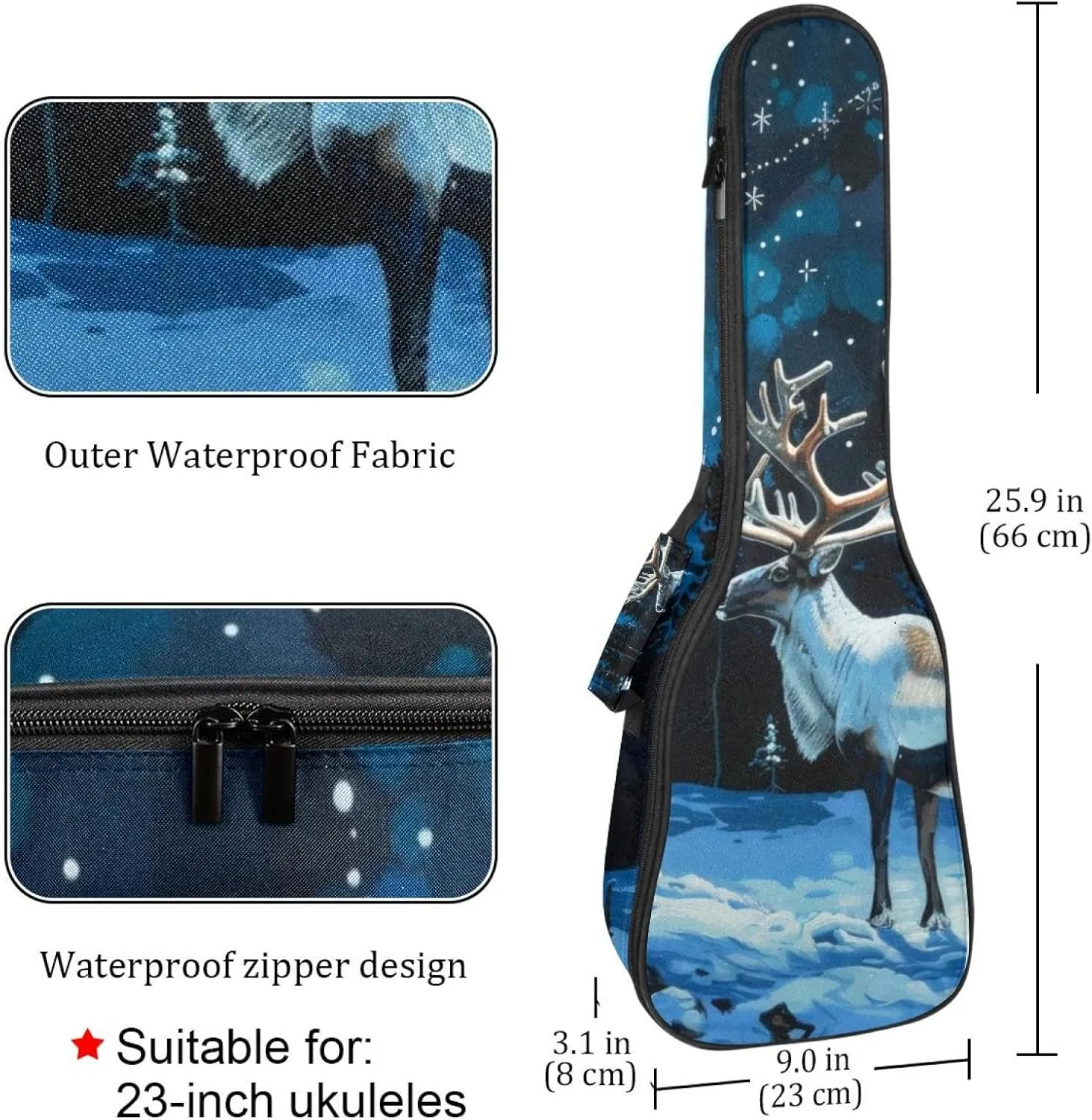 Snow Caribou Tree Night Forest Ukulele Case, Padded Bag for 23 Inch Concert Ukulele, Waterproof & Durable