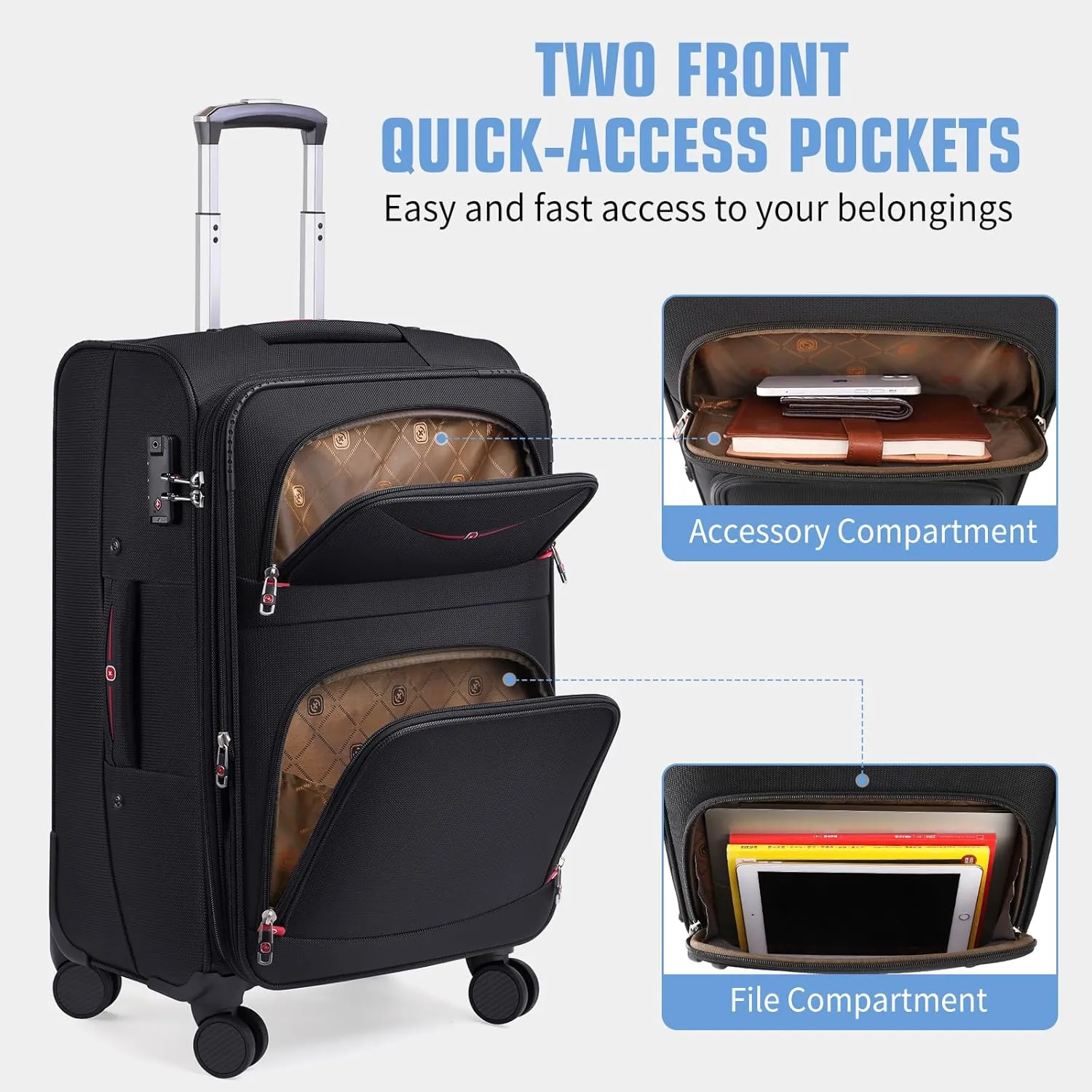 Softside Expandable Luggage with 4 Spinner Wheels, Durable Carry-On Luggage Suicase (Black, 21-Inch)