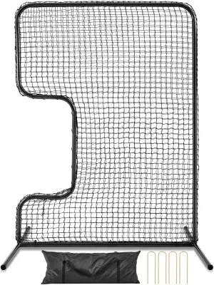 Standard C Shaped Pitching Screen Softball Baseball Screen Softball Pitcher Pitching Machine Protector with Carry Bag, 7'H x 5'W 45 Ply Netting with 3'' x 18'' Cutout 1.5'' Diameter Frame