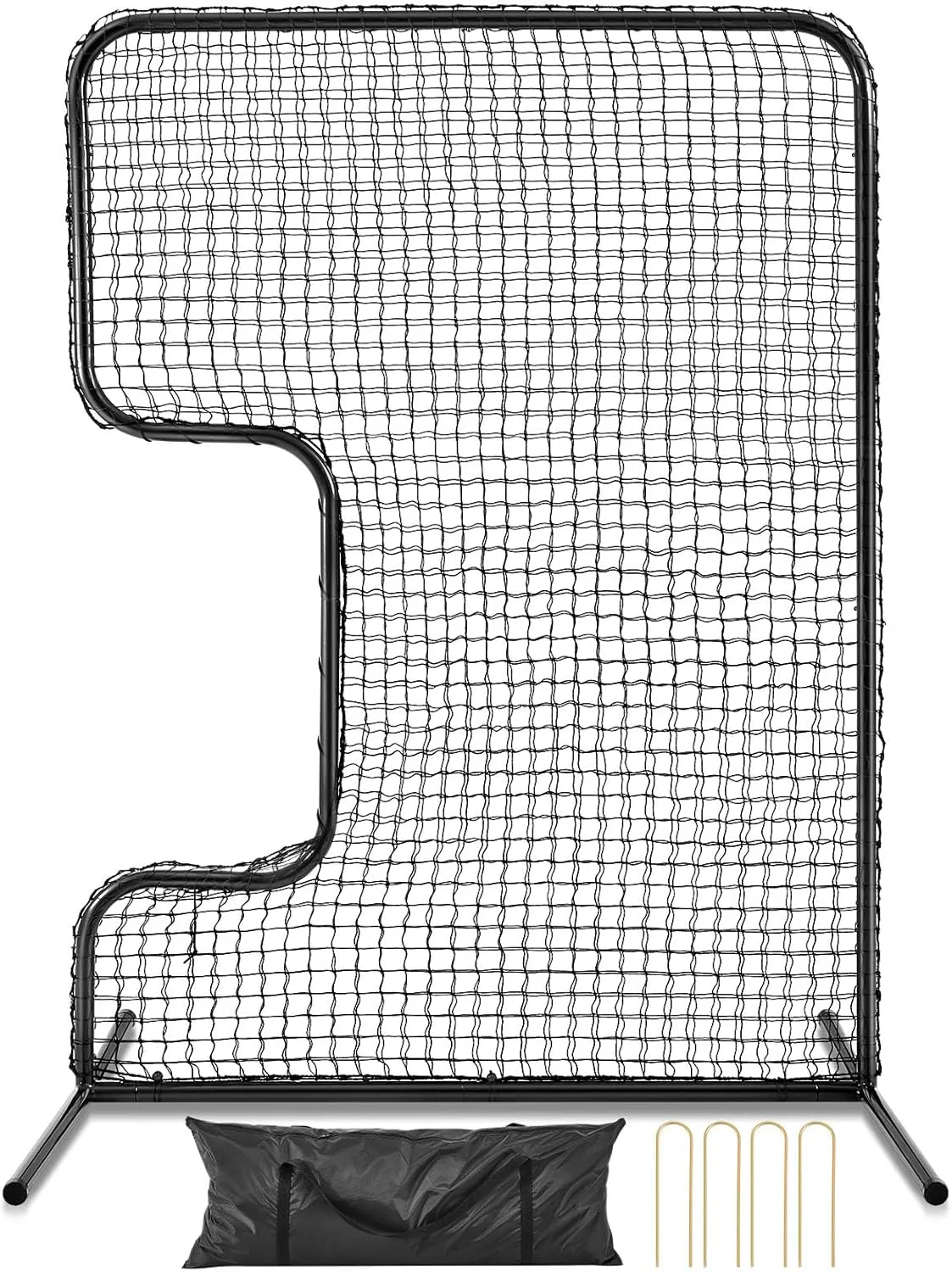 Standard C Shaped Pitching Screen Softball Baseball Screen Softball Pitcher Pitching Machine Protector with Carry Bag, 7'H x 5'W 45 Ply Netting with 3'' x 18'' Cutout 1.5'' Diameter Frame