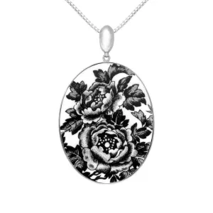 Sterling Silver Royal Crown Derby Black Aves Floral Oval Necklace D