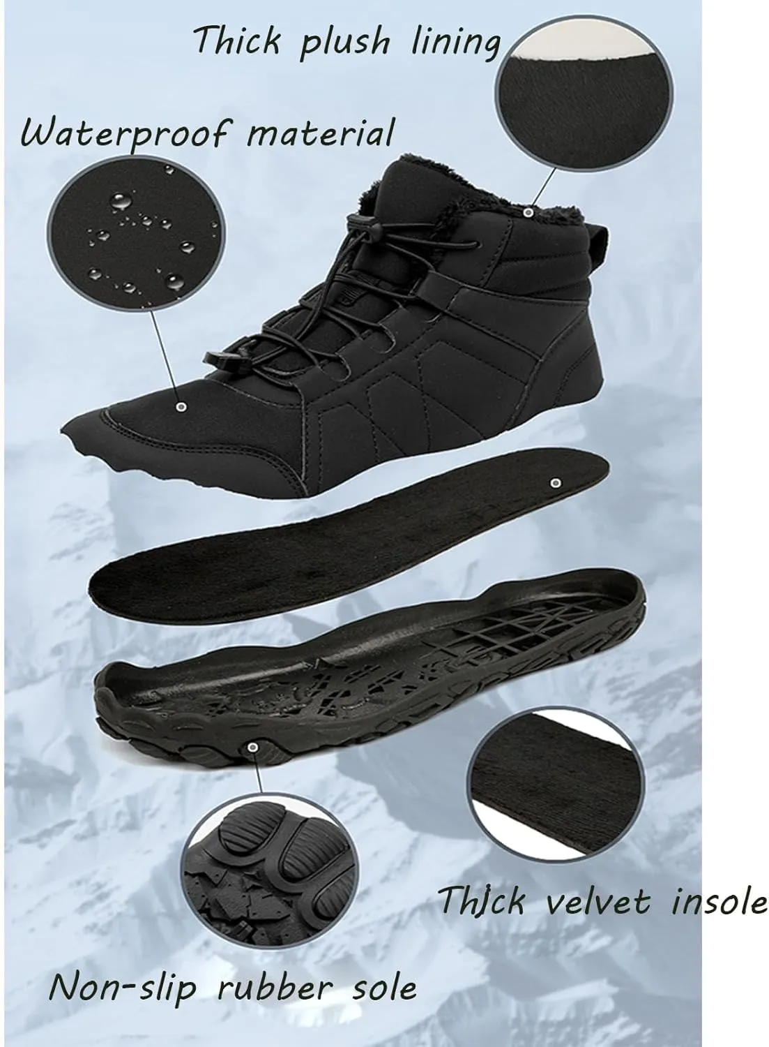 StoneLiquid Hike Barefoot Footwear Shoes Womens Men, Winter Thickened Non-Slip Snow Boots with Wide Toe Box