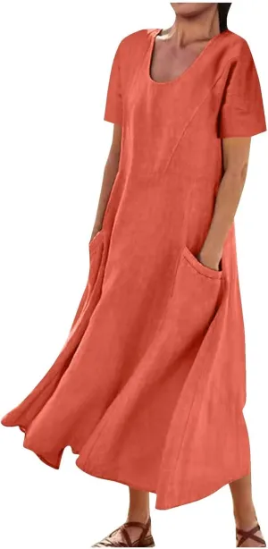 Summer Dresses for Women Cotton Linen Short Sleeve Ruffle Flowy Maxi Dress with Pockets Casual Elegant Sundress Party