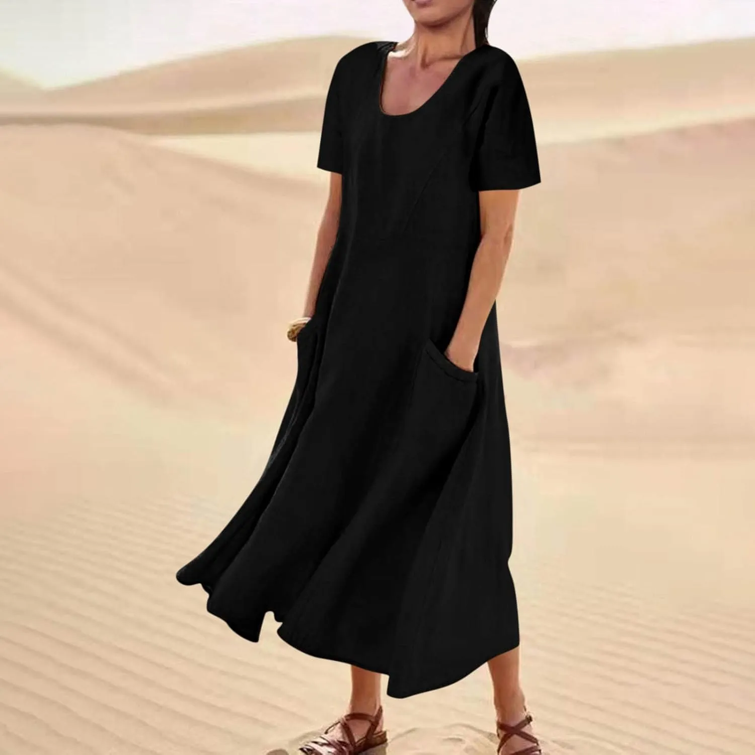 Summer Dresses for Women Cotton Linen Short Sleeve Ruffle Flowy Maxi Dress with Pockets Casual Elegant Sundress Party