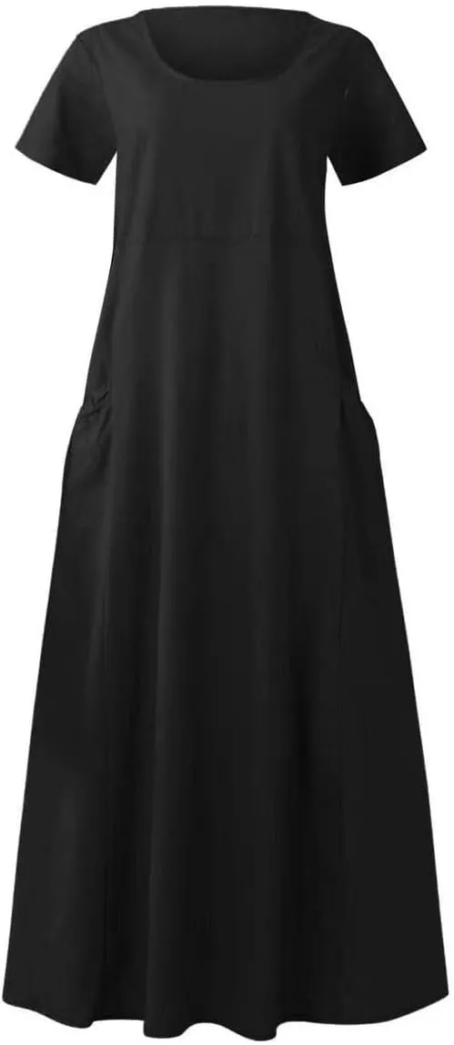 Summer Dresses for Women Cotton Linen Short Sleeve Ruffle Flowy Maxi Dress with Pockets Casual Elegant Sundress Party