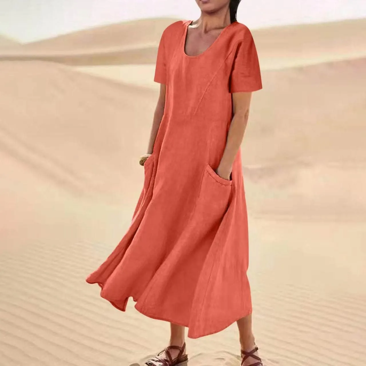 Summer Dresses for Women Cotton Linen Short Sleeve Ruffle Flowy Maxi Dress with Pockets Casual Elegant Sundress Party