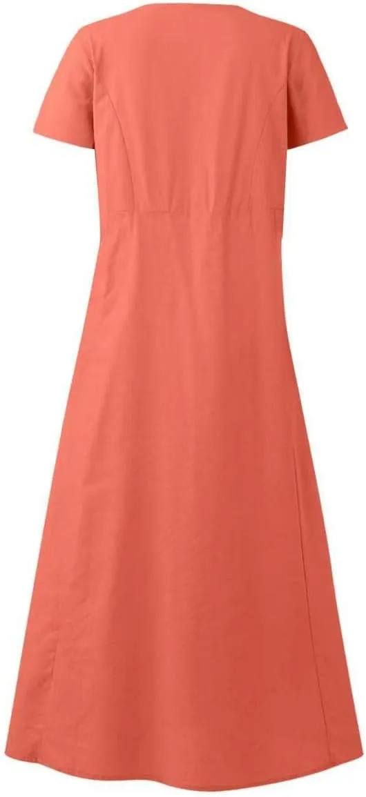 Summer Dresses for Women Cotton Linen Short Sleeve Ruffle Flowy Maxi Dress with Pockets Casual Elegant Sundress Party