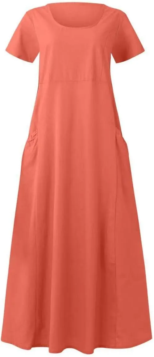 Summer Dresses for Women Cotton Linen Short Sleeve Ruffle Flowy Maxi Dress with Pockets Casual Elegant Sundress Party