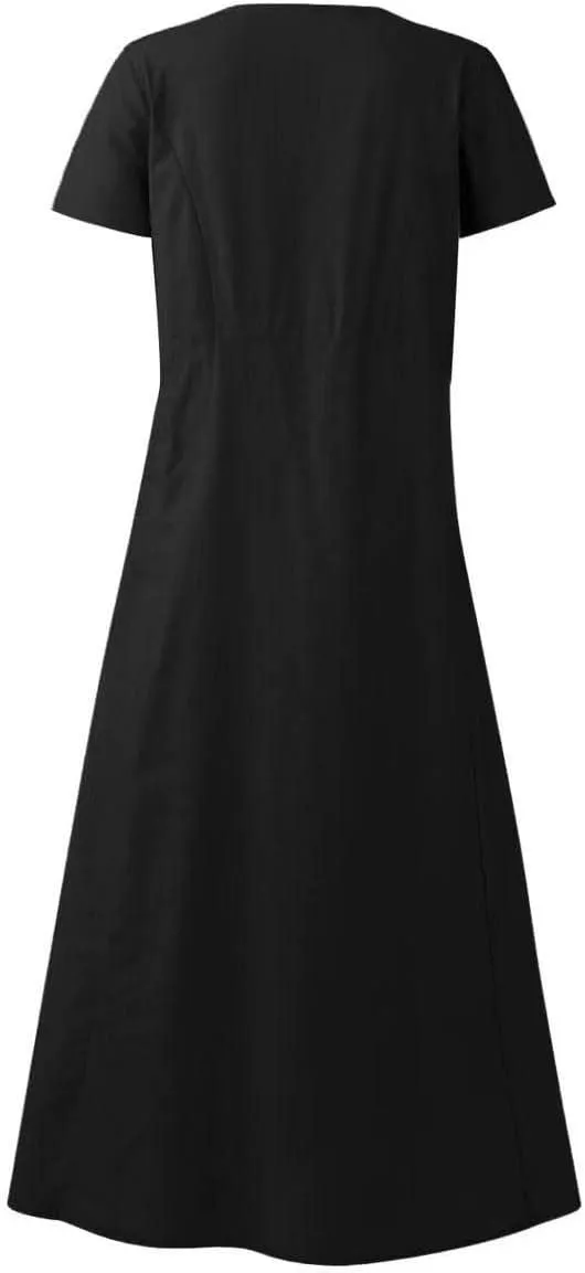 Summer Dresses for Women Cotton Linen Short Sleeve Ruffle Flowy Maxi Dress with Pockets Casual Elegant Sundress Party