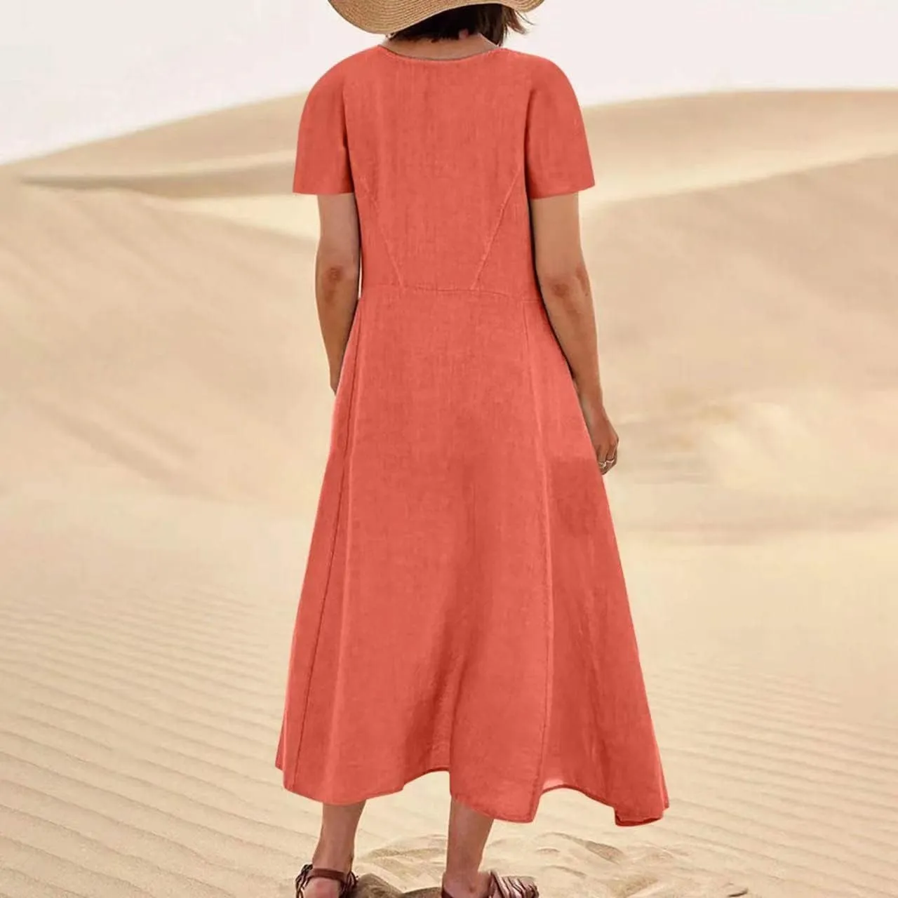 Summer Dresses for Women Cotton Linen Short Sleeve Ruffle Flowy Maxi Dress with Pockets Casual Elegant Sundress Party