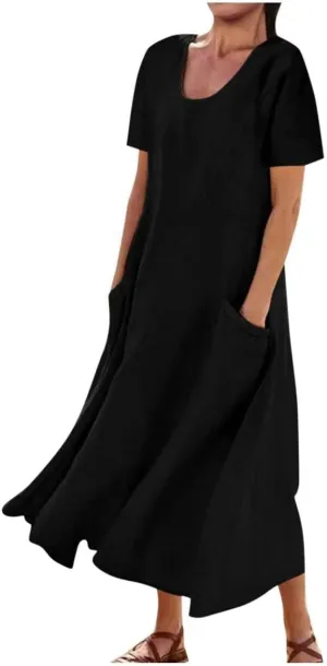 Summer Dresses for Women Cotton Linen Short Sleeve Ruffle Flowy Maxi Dress with Pockets Casual Elegant Sundress Party