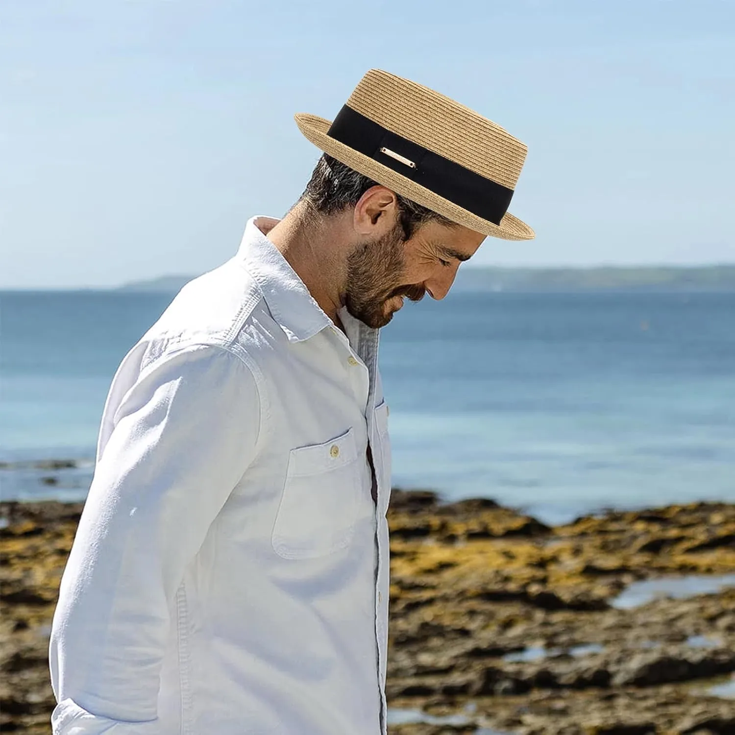 Summer Straw Pork Pie Hat for Men Women - Classic Short Brim Fedora Sun Hat Derby Fedora Dress Hats