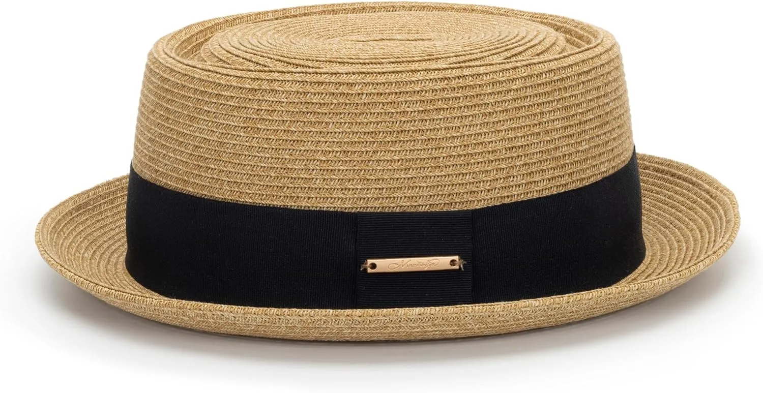Summer Straw Pork Pie Hat for Men Women - Classic Short Brim Fedora Sun Hat Derby Fedora Dress Hats