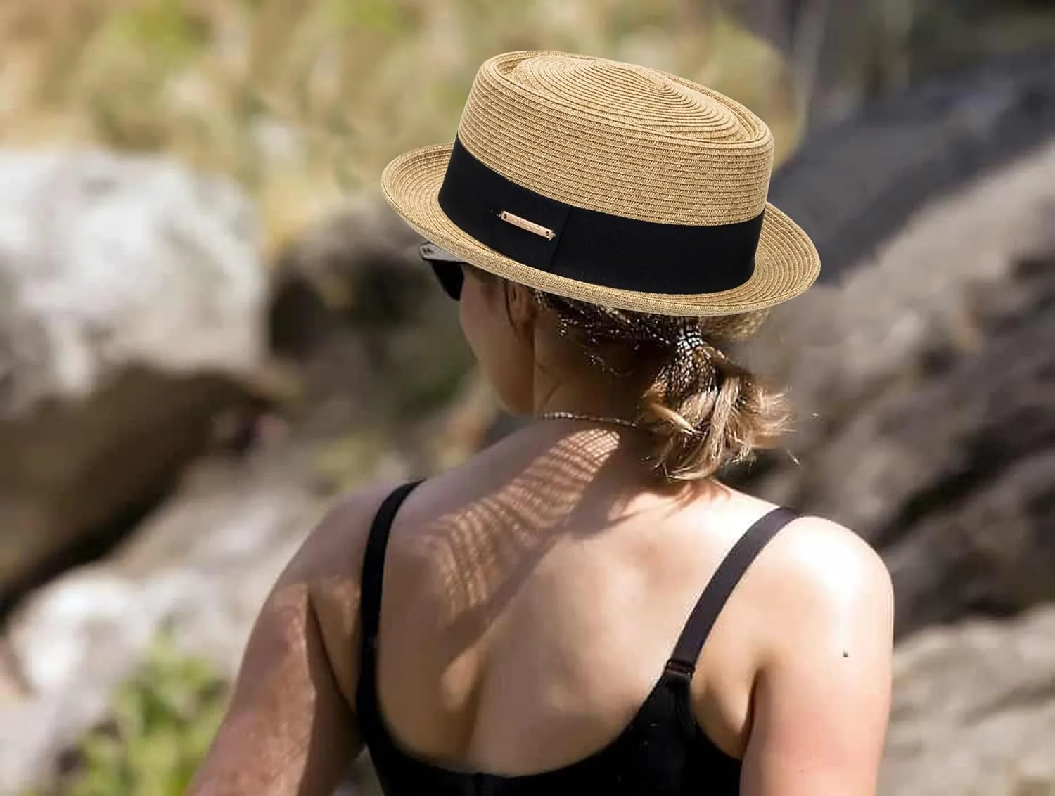 Summer Straw Pork Pie Hat for Men Women - Classic Short Brim Fedora Sun Hat Derby Fedora Dress Hats