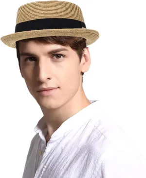 Summer Straw Pork Pie Hat for Men Women - Classic Short Brim Fedora Sun Hat Derby Fedora Dress Hats