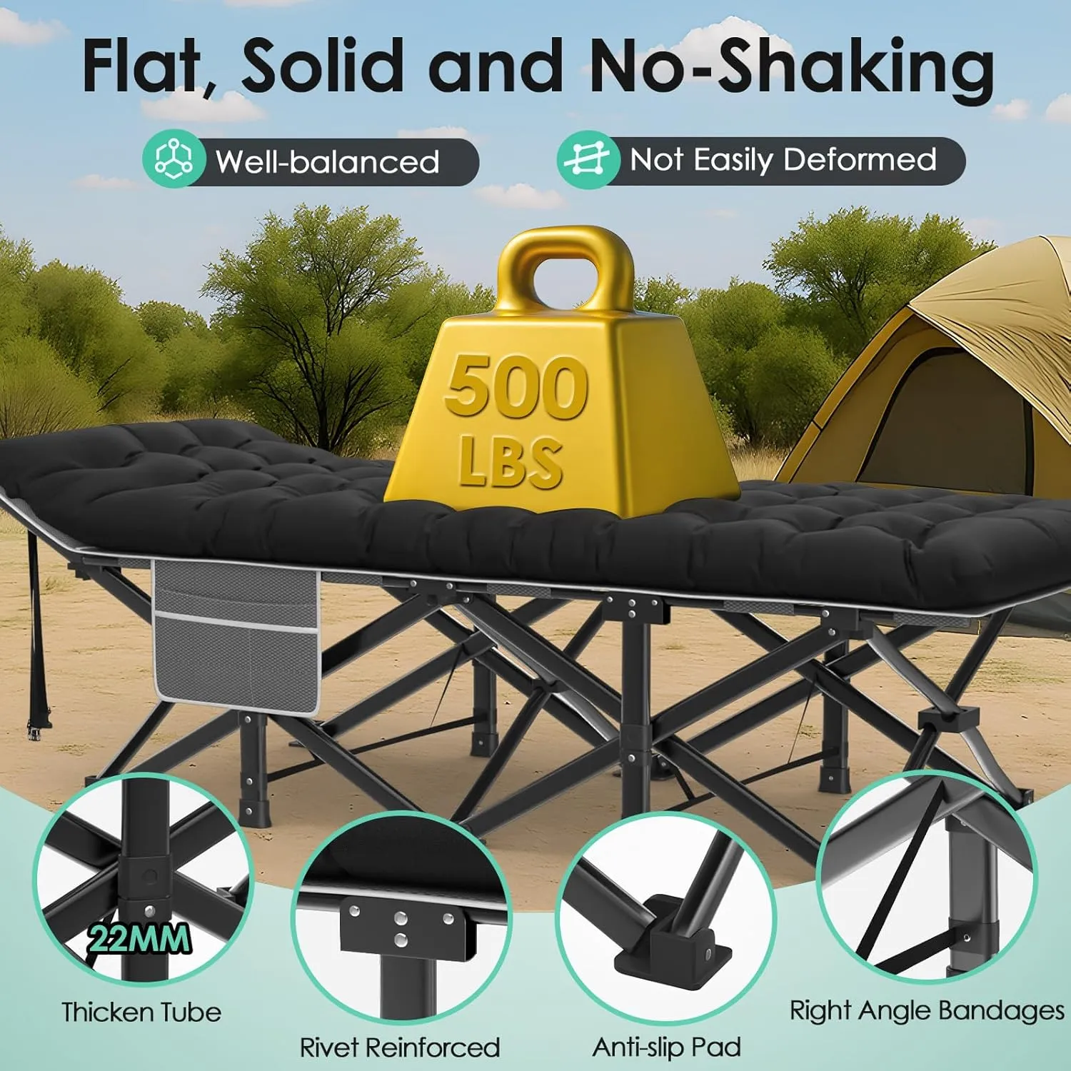 Suteck Camping Cot, 32In XXL Folding Camping Cot Heavy Duty Sleeping Bed for Adults 1200D Double Layer Oxford Cots for Camping W/Pilllow Mattress Carry Bag for Home Office Nap Beach Travel, 500LBS