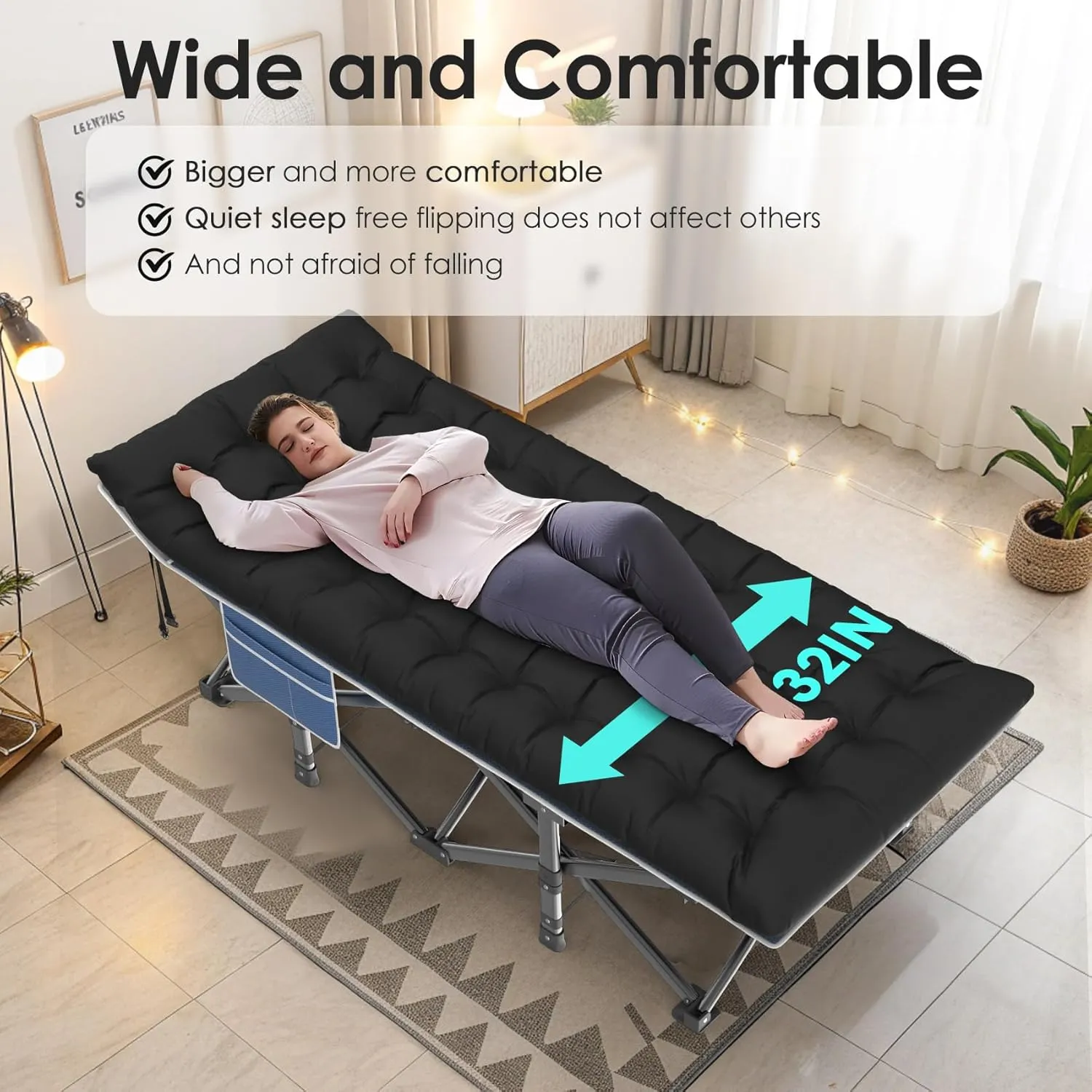 Suteck Camping Cot, 32In XXL Folding Camping Cot Heavy Duty Sleeping Bed for Adults 1200D Double Layer Oxford Cots for Camping W/Pilllow Mattress Carry Bag for Home Office Nap Beach Travel, 500LBS