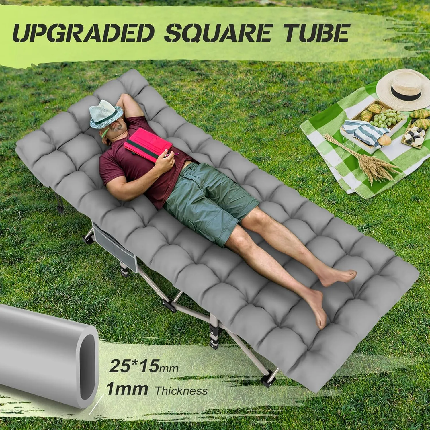 Suteck Camping Cot, Folding Camping Cot Bed for Adults Sleeping 1200D Double Layer Oxford Portable Folding Outdoor Cots for Camping W/Soft Pad Carry Bag for Home Office Nap Beach Travel, 500LBS,Grey