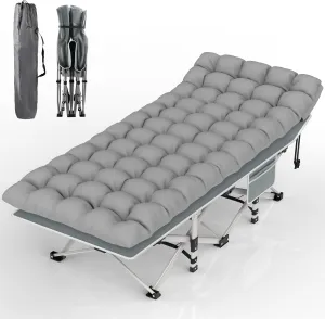 Suteck Camping Cot, Folding Camping Cot Bed for Adults Sleeping 1200D Double Layer Oxford Portable Folding Outdoor Cots for Camping W/Soft Pad Carry Bag for Home Office Nap Beach Travel, 500LBS,Grey