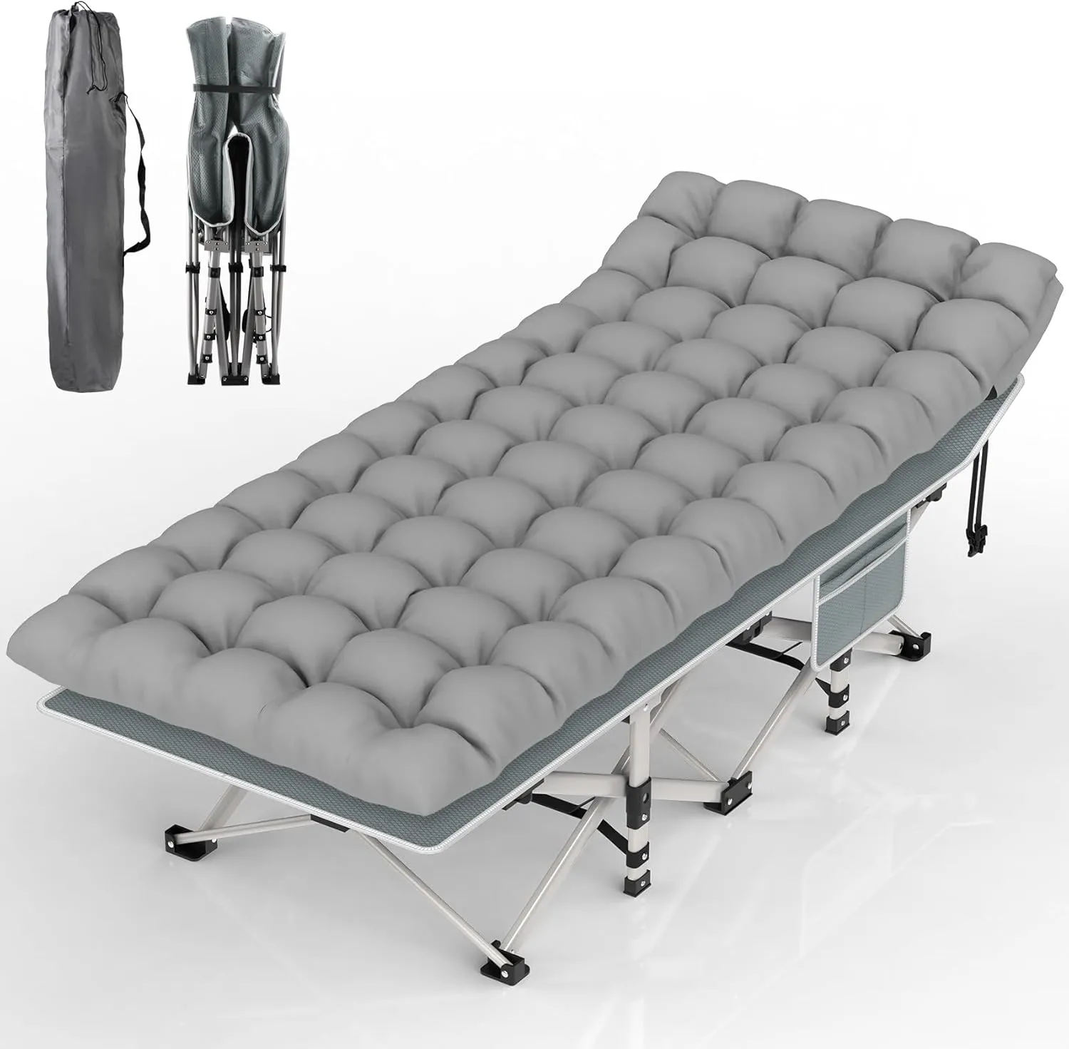 Suteck Camping Cot, Folding Camping Cot Bed for Adults Sleeping 1200D Double Layer Oxford Portable Folding Outdoor Cots for Camping W/Soft Pad Carry Bag for Home Office Nap Beach Travel, 500LBS,Grey
