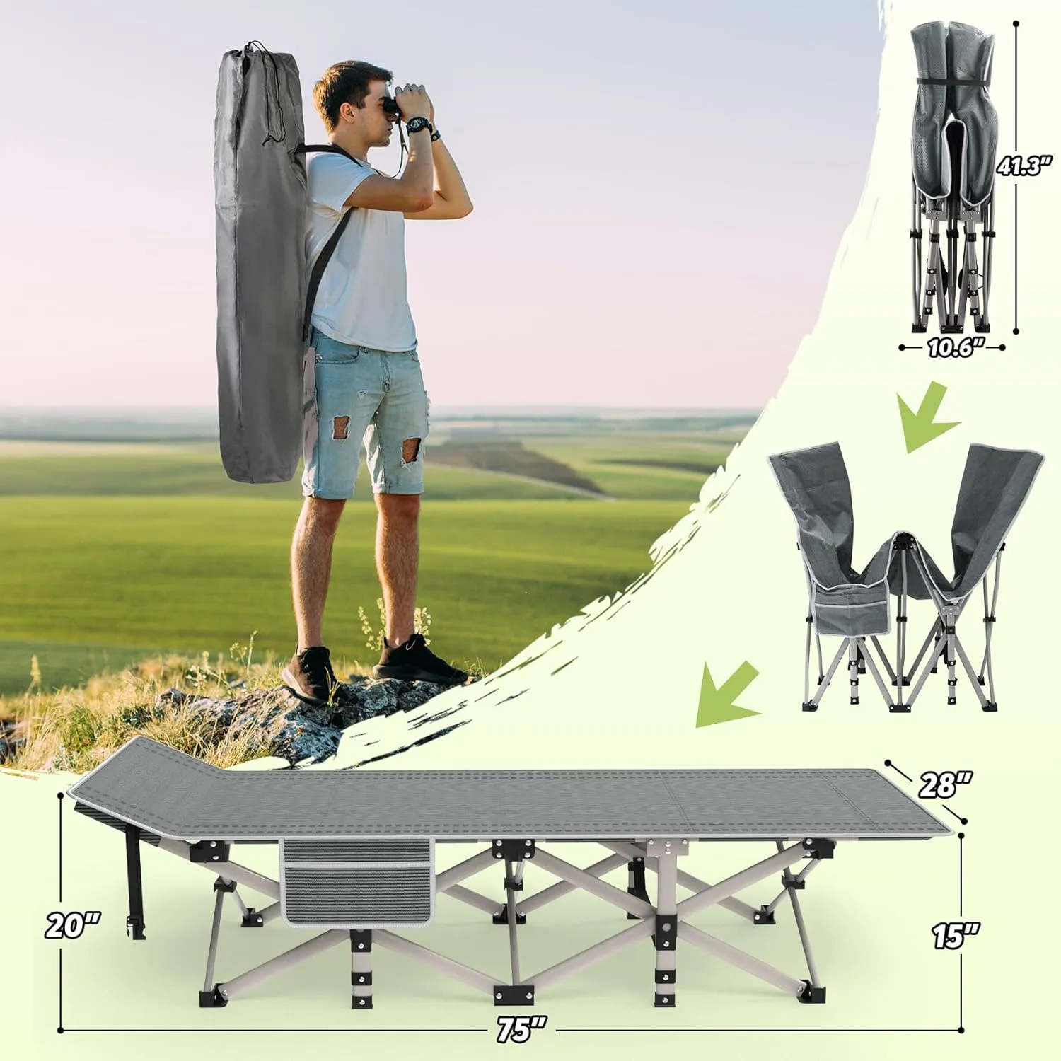Suteck Camping Cot, Folding Camping Cot Bed for Adults Sleeping 1200D Double Layer Oxford Portable Folding Outdoor Cots for Camping W/Soft Pad Carry Bag for Home Office Nap Beach Travel, 500LBS,Grey