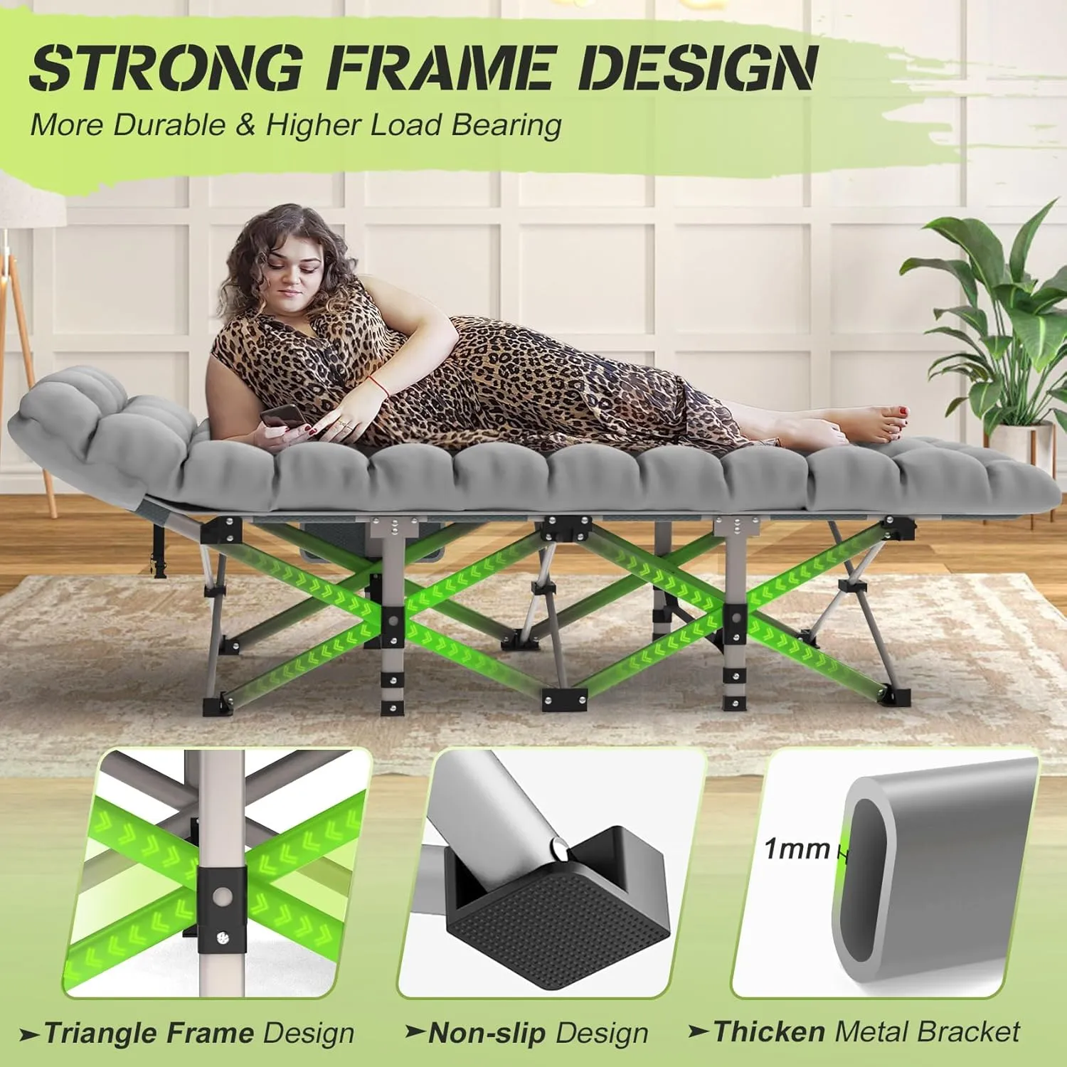 Suteck Camping Cot, Folding Camping Cot Bed for Adults Sleeping 1200D Double Layer Oxford Portable Folding Outdoor Cots for Camping W/Soft Pad Carry Bag for Home Office Nap Beach Travel, 500LBS,Grey