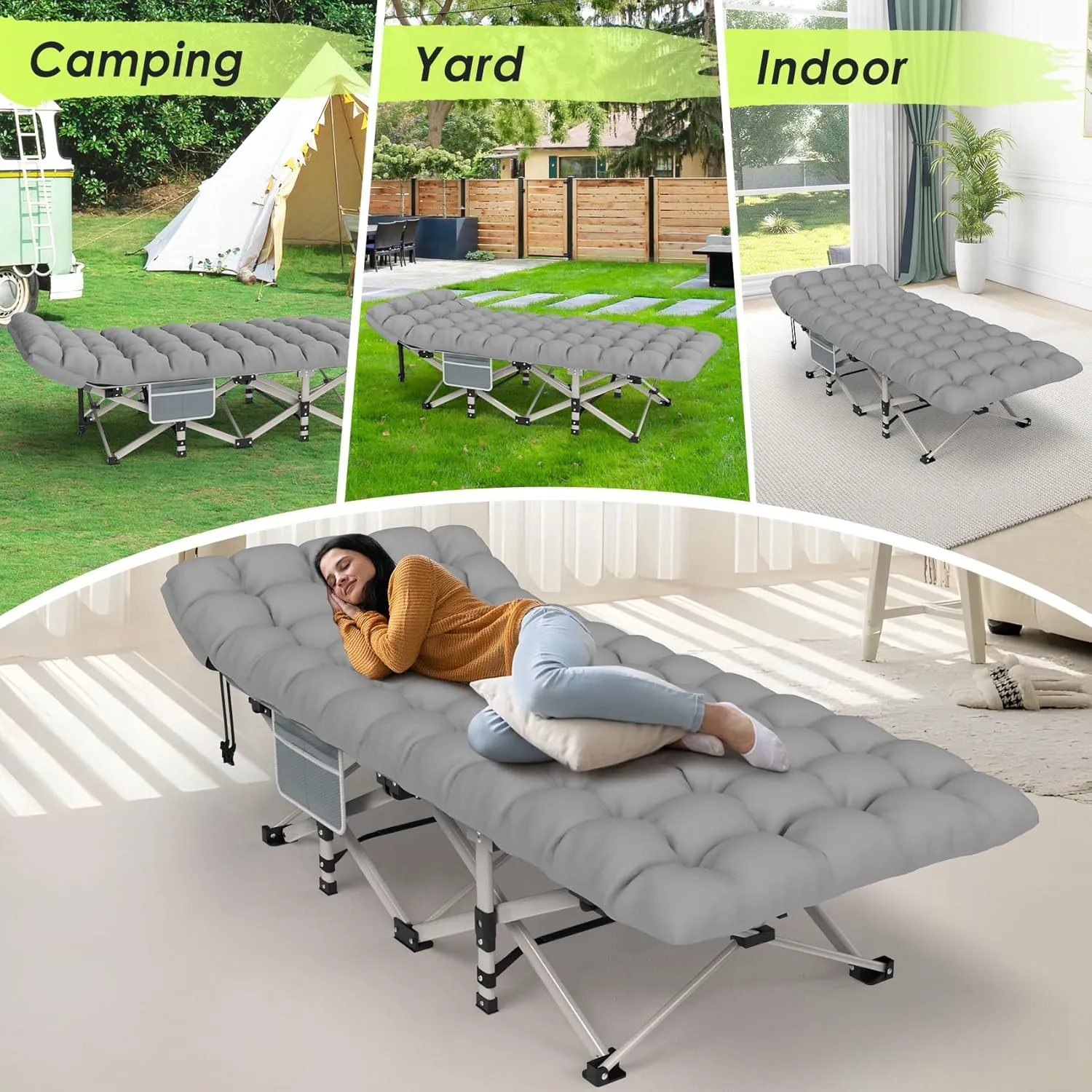 Suteck Camping Cot, Folding Camping Cot Bed for Adults Sleeping 1200D Double Layer Oxford Portable Folding Outdoor Cots for Camping W/Soft Pad Carry Bag for Home Office Nap Beach Travel, 500LBS,Grey