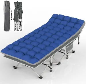 Suteck Camping Cot, Folding Camping Cot Bed for Adults Sleeping 1200D Double Layer Oxford Portable Folding Outdoor Cots for Camping W/Soft Pad Carry Bag for Home Office Nap Beach Travel, Stripe Blue