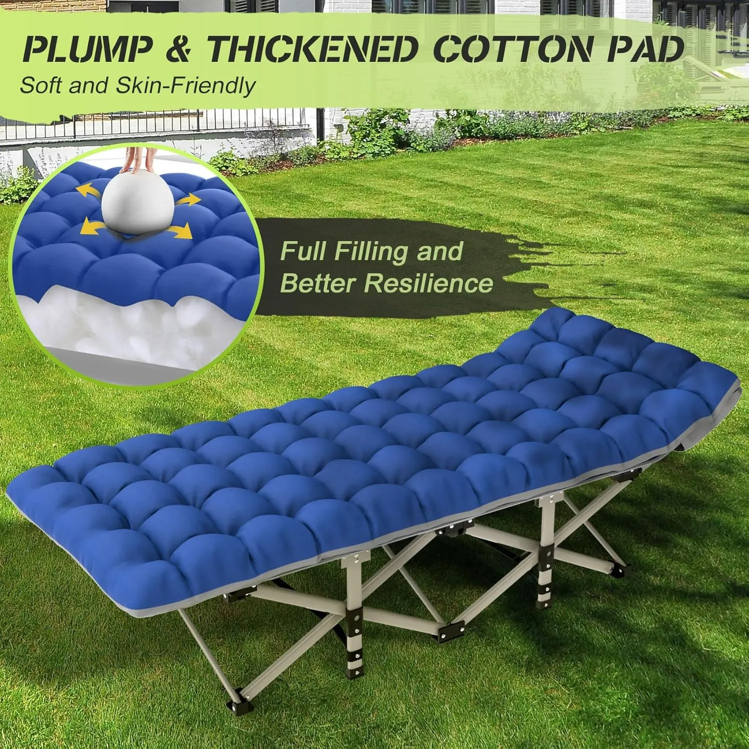 Suteck Camping Cot, Folding Camping Cot Bed for Adults Sleeping 1200D Double Layer Oxford Portable Folding Outdoor Cots for Camping W/Soft Pad Carry Bag for Home Office Nap Beach Travel, Stripe Blue