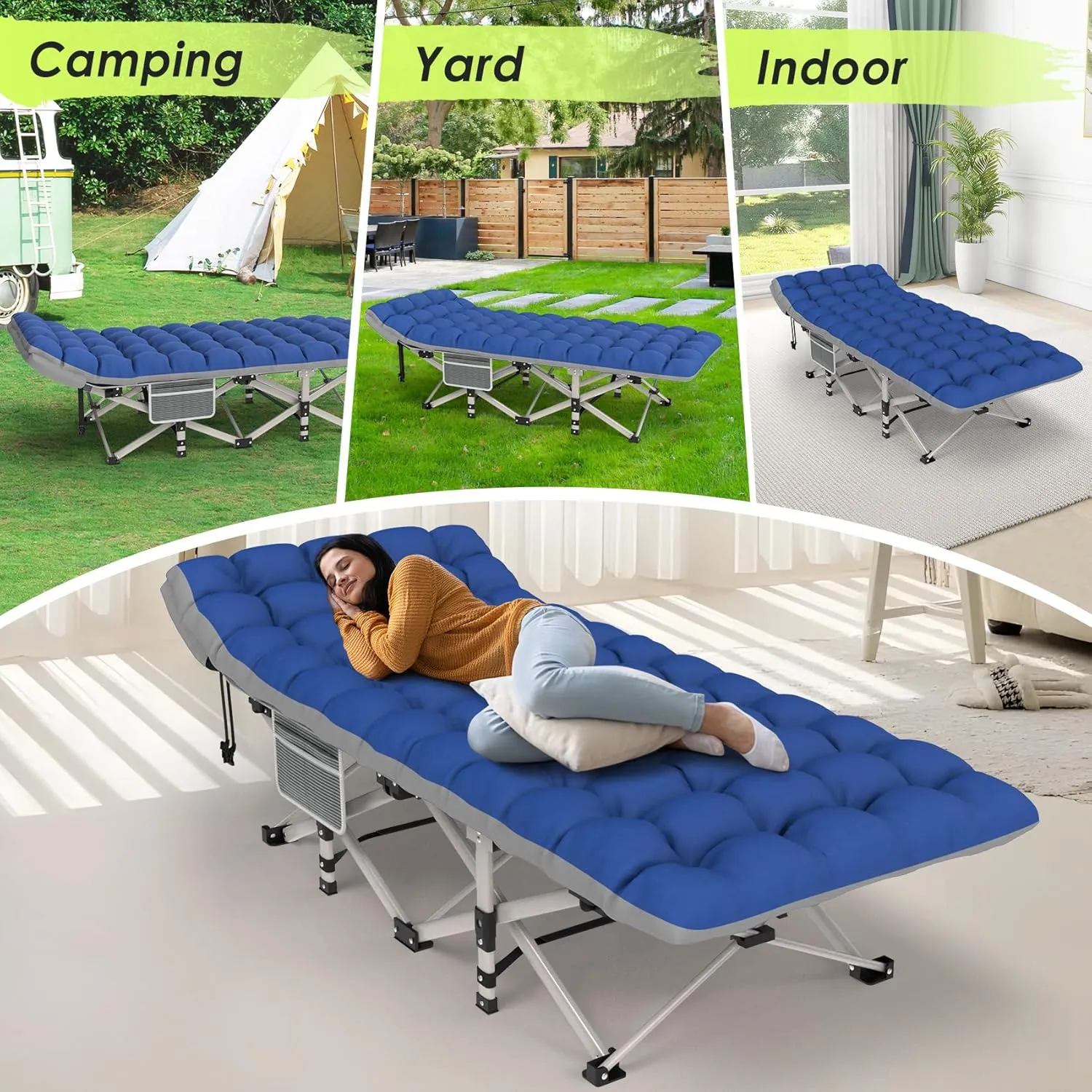 Suteck Camping Cot, Folding Camping Cot Bed for Adults Sleeping 1200D Double Layer Oxford Portable Folding Outdoor Cots for Camping W/Soft Pad Carry Bag for Home Office Nap Beach Travel, Stripe Blue