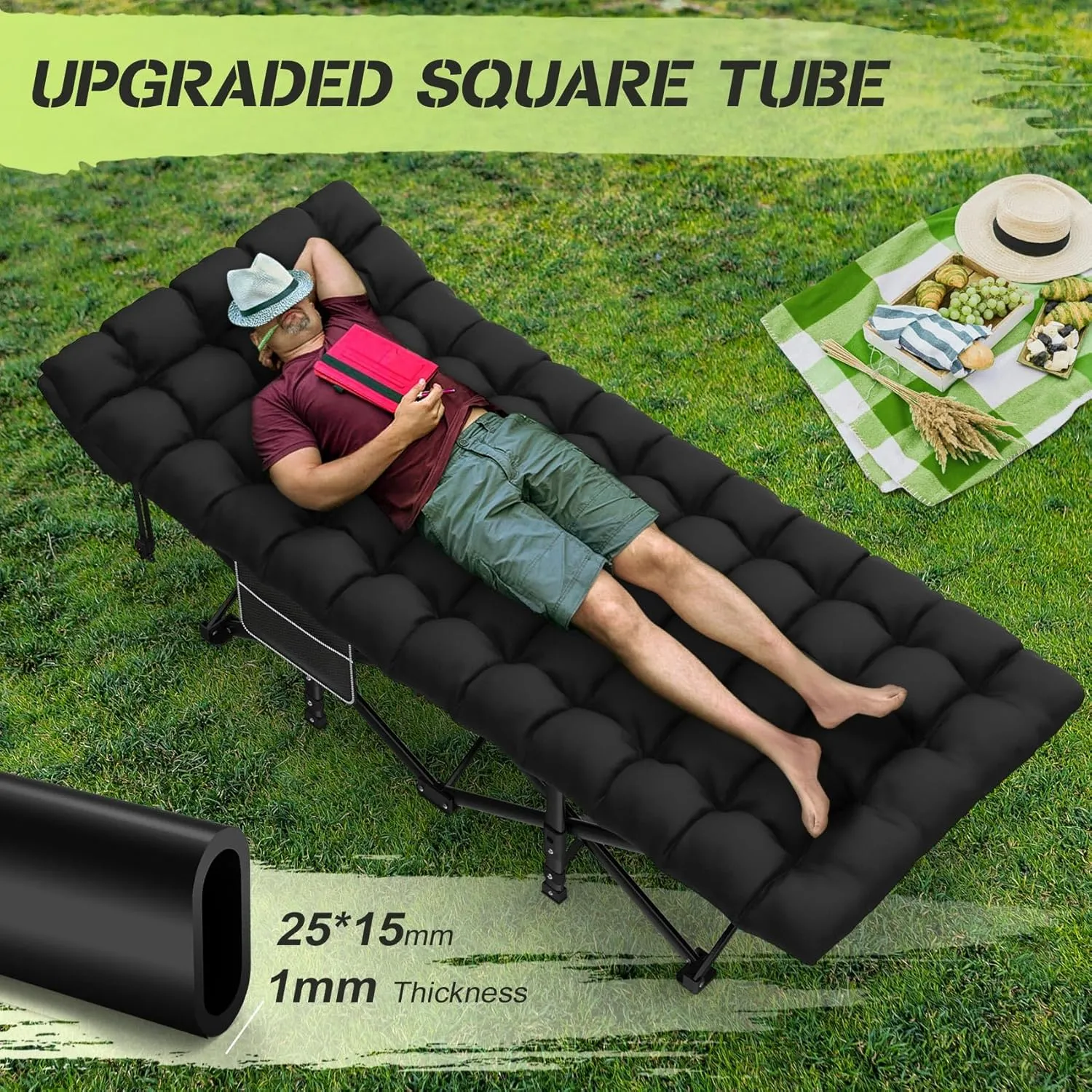 Suteck Camping Cot, Folding Camping Cot Bed for Adults Sleeping 1200D Double Layer Oxford Portable Folding Outdoor Cots for Camping W/Soft Pad Carry Bag for Home Office Nap Beach Travel