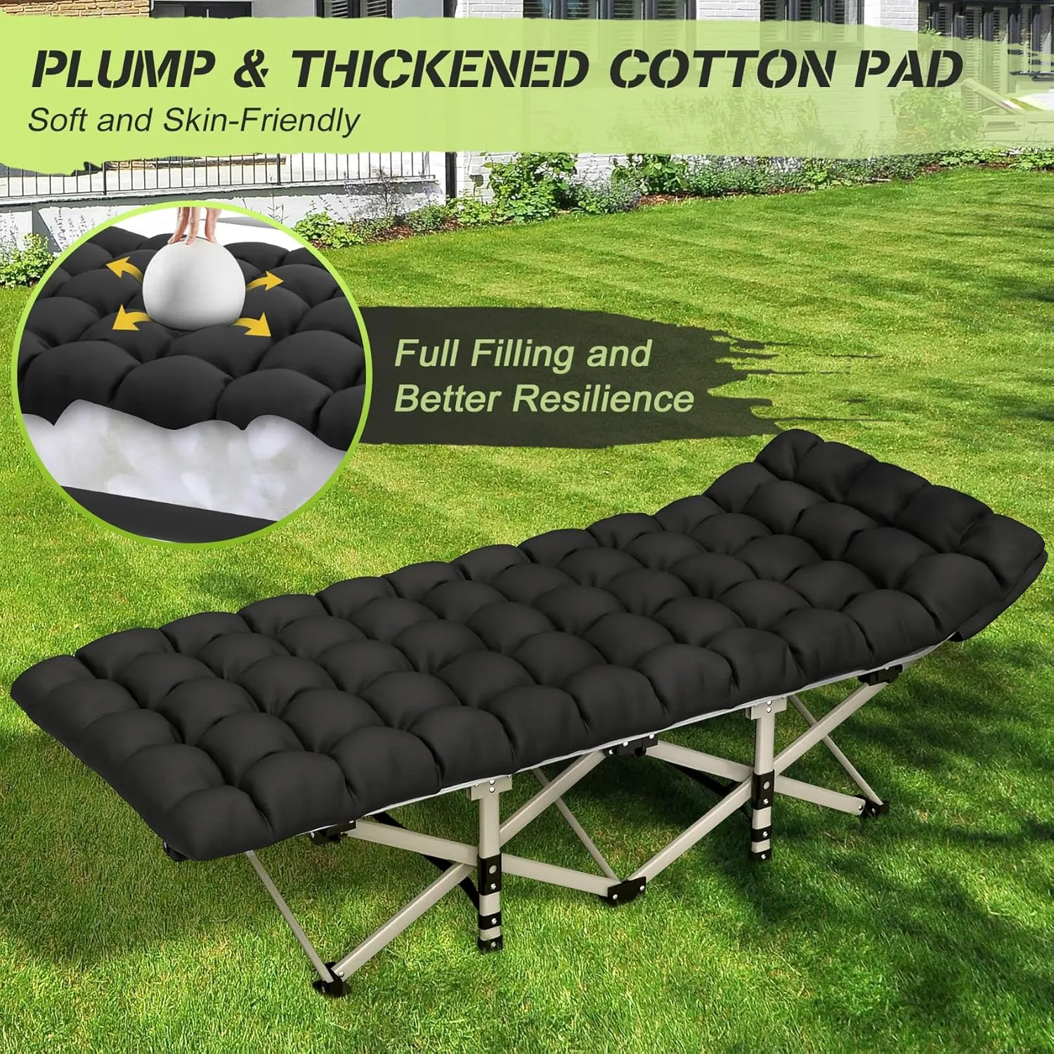 Suteck Camping Cot, Folding Camping Cot Bed for Adults Sleeping 1200D Double Layer Oxford Portable Folding Outdoor Cots for Camping W/Soft Pad Carry Bag for Home Office Nap Beach Travel