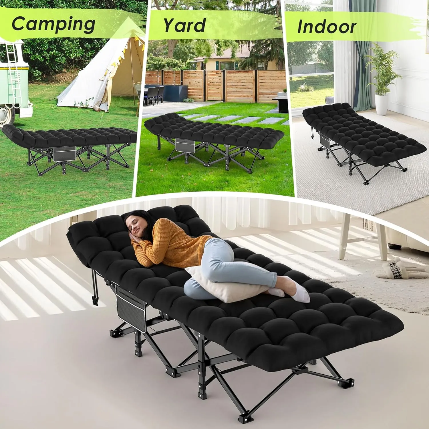 Suteck Camping Cot, Folding Camping Cot Bed for Adults Sleeping 1200D Double Layer Oxford Portable Folding Outdoor Cots for Camping W/Soft Pad Carry Bag for Home Office Nap Beach Travel