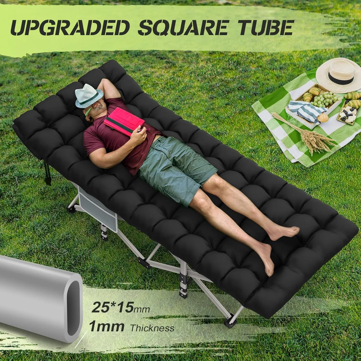 Suteck Camping Cot, Folding Camping Cot Bed for Adults Sleeping 1200D Double Layer Oxford Portable Folding Outdoor Cots for Camping W/Soft Pad Carry Bag for Home Office Nap Beach Travel