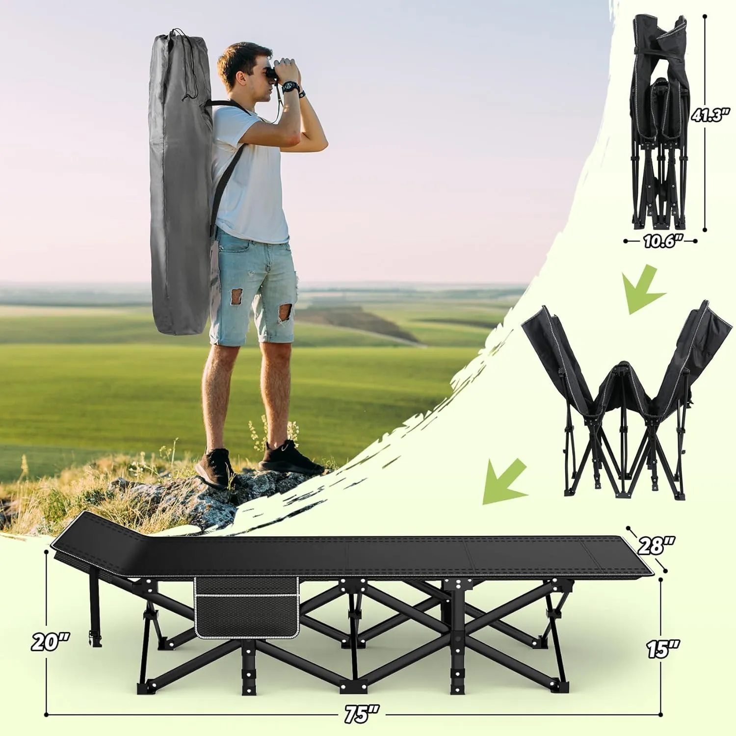 Suteck Camping Cot, Folding Camping Cot Bed for Adults Sleeping 1200D Double Layer Oxford Portable Folding Outdoor Cots for Camping W/Soft Pad Carry Bag for Home Office Nap Beach Travel