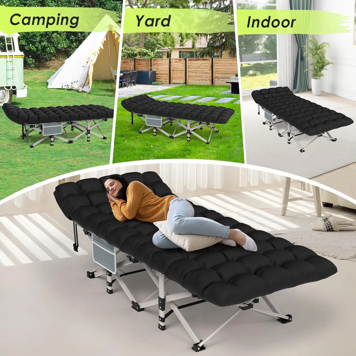 Suteck Camping Cot, Folding Camping Cot Bed for Adults Sleeping 1200D Double Layer Oxford Portable Folding Outdoor Cots for Camping W/Soft Pad Carry Bag for Home Office Nap Beach Travel