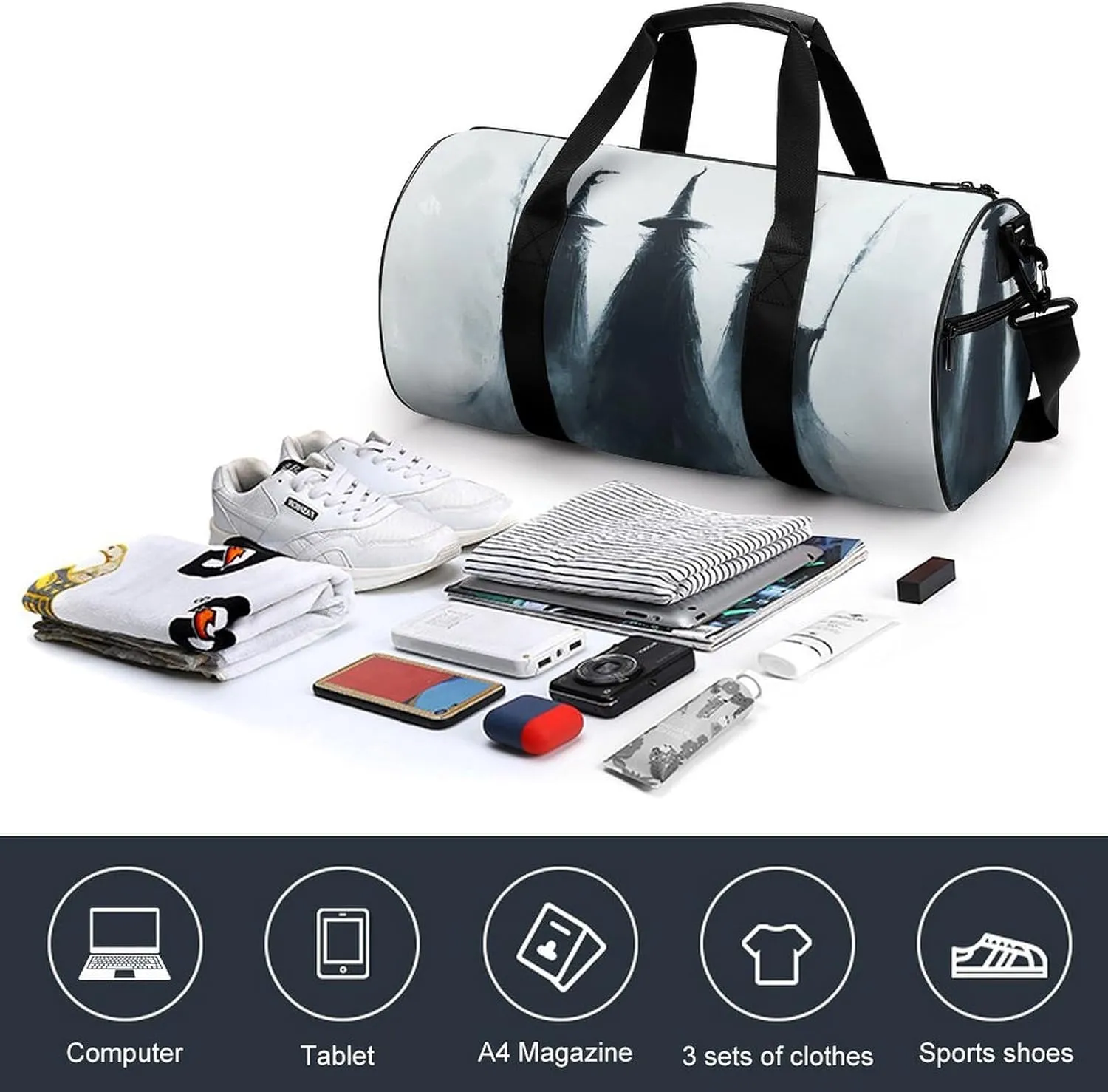 Three Dark Witches Holding Wands Travel Gym Bag for Women Men Halloween Dark Fantasy Cylindrical Duffle Bag Sport Workout Bag with Shoulder Strap