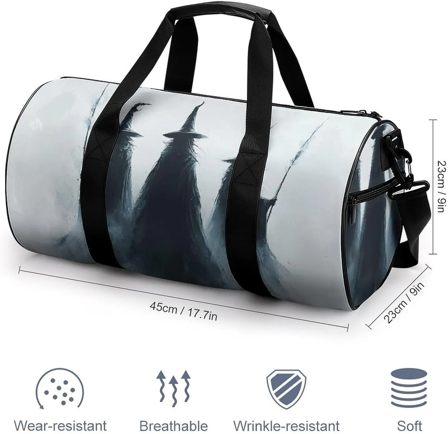 Three Dark Witches Holding Wands Travel Gym Bag for Women Men Halloween Dark Fantasy Cylindrical Duffle Bag Sport Workout Bag with Shoulder Strap