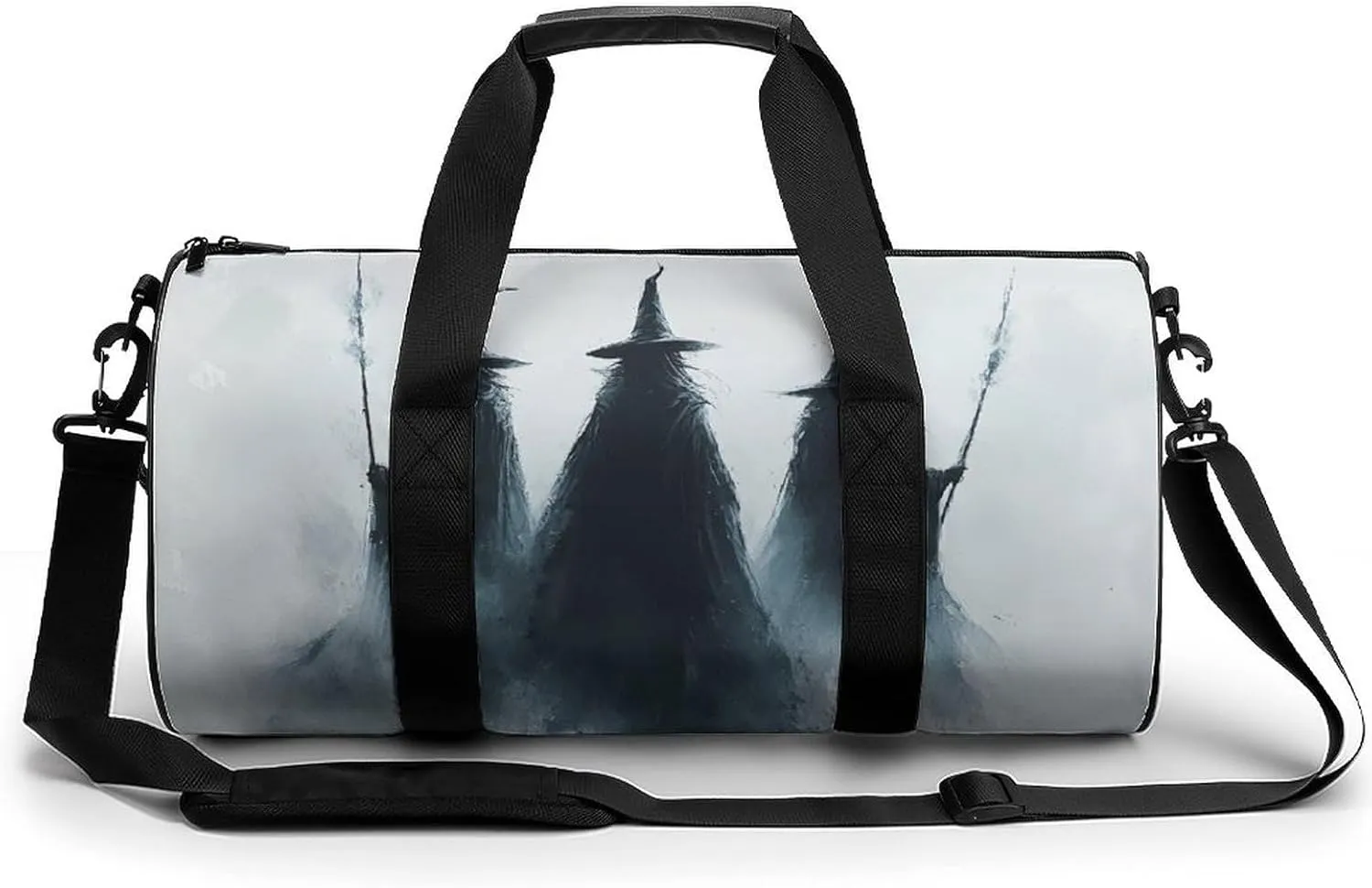 Three Dark Witches Holding Wands Travel Gym Bag for Women Men Halloween Dark Fantasy Cylindrical Duffle Bag Sport Workout Bag with Shoulder Strap
