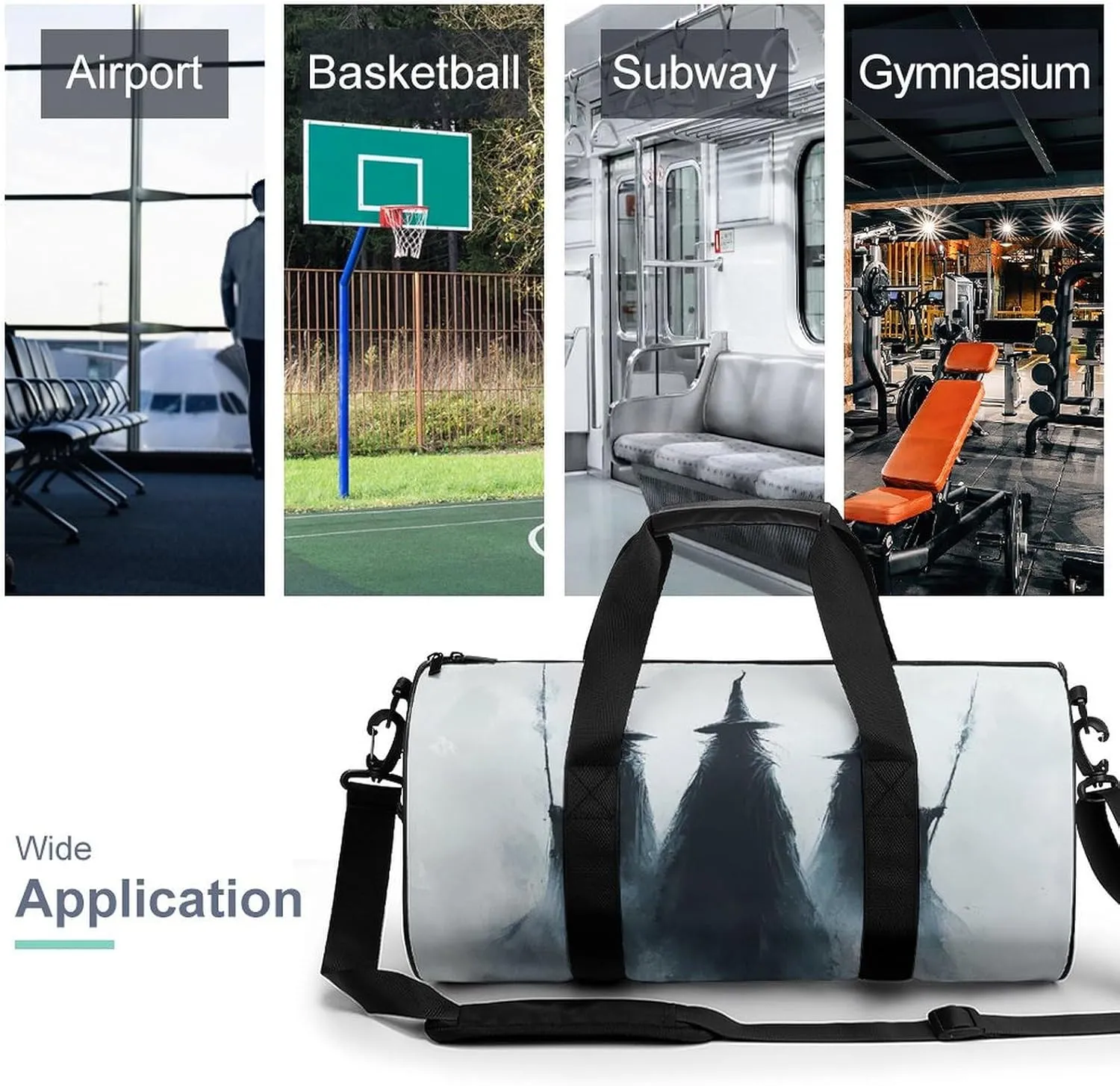 Three Dark Witches Holding Wands Travel Gym Bag for Women Men Halloween Dark Fantasy Cylindrical Duffle Bag Sport Workout Bag with Shoulder Strap