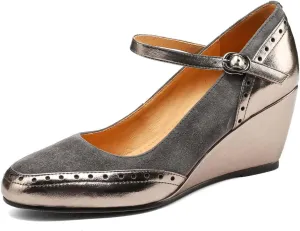 TinaCus Handmade Women's Suede Leather Oxford Round Toe Buckle Wedge Heel Mary Jane Shoes